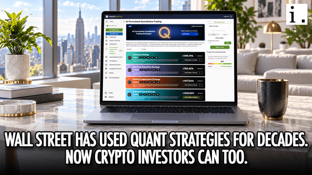 iTrustCapital Q dashboard displayed on a laptop, showing AI-formulated quantitative crypto strategies in a modern office setting.
