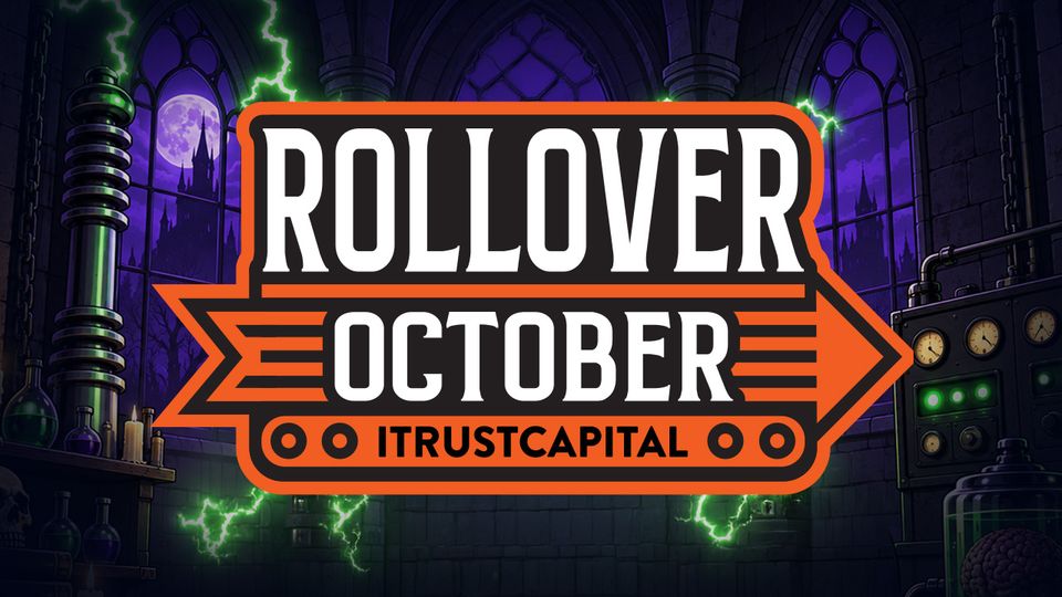 Gothic laboratory scene with a bold orange emblem reading “ROLLOVER OCTOBER ITRUSTCAPITAL.”