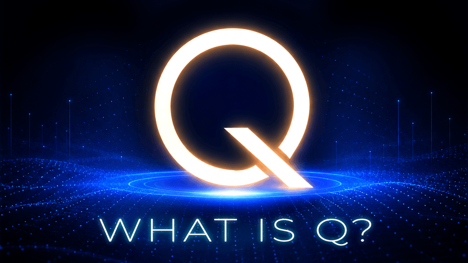 Glowing stylized Q over a blue digital grid with the text “WHAT IS Q?” beneath it.