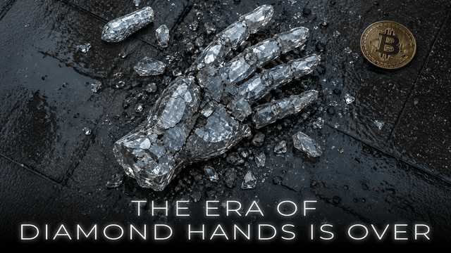 A hand made out of diamonds shattered on the floor with a bitcoin laying next to it.