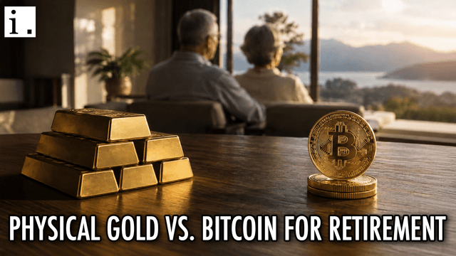 Graphic comparing physical gold and Bitcoin for retirement investing.